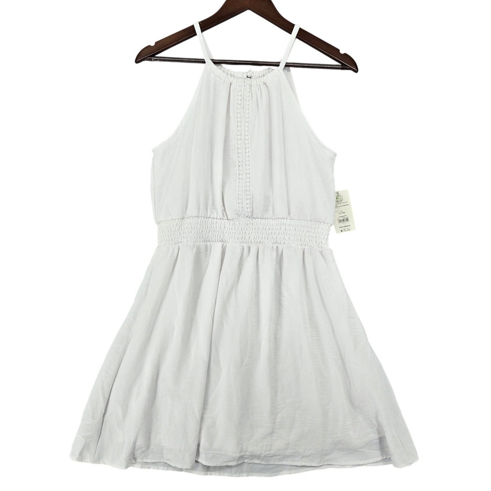 No Boundaries NEW LARGE High Neck White Womens White Grad Smocked Summer Dress